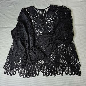 Cato black open weave blouse long sleeve elasticized wrist